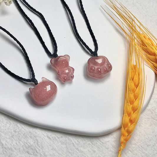 Natural Strawberry Quartz Kitten Bear Cat's Paw Pendant Necklace